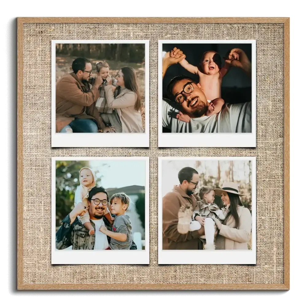 Vier Familienfotos im Polaroid-Stil auf Leinenoptik im Holzrahmen, eine persönliche Geschenkidee für die Familie