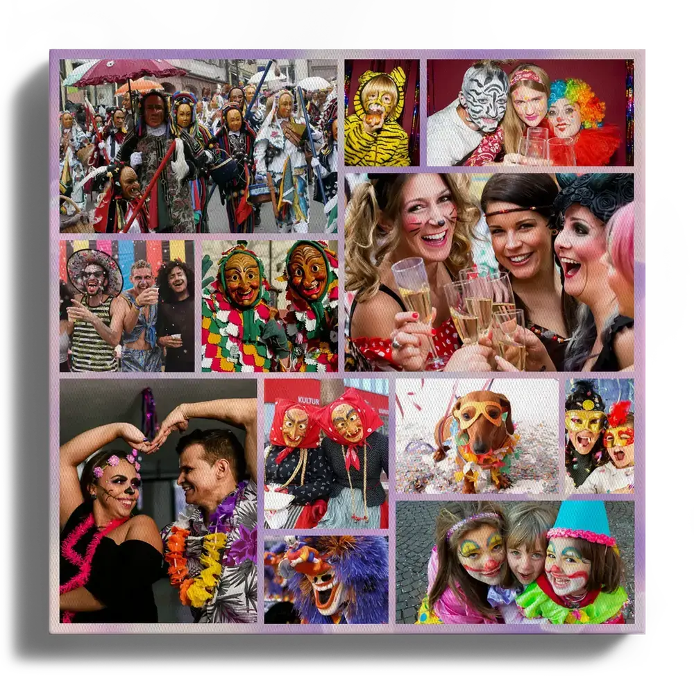 Karneval-Fotocollage auf Leinwand im Hochformat mit Kostümen, Masken und geschminkten Kindern in verschieden großen Fotos