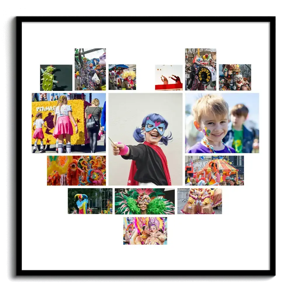 Herzförmige Karneval-Fotocollage mit Kostümen und geschminkten Kindern auf Weiß, im schwarzen Rahmen