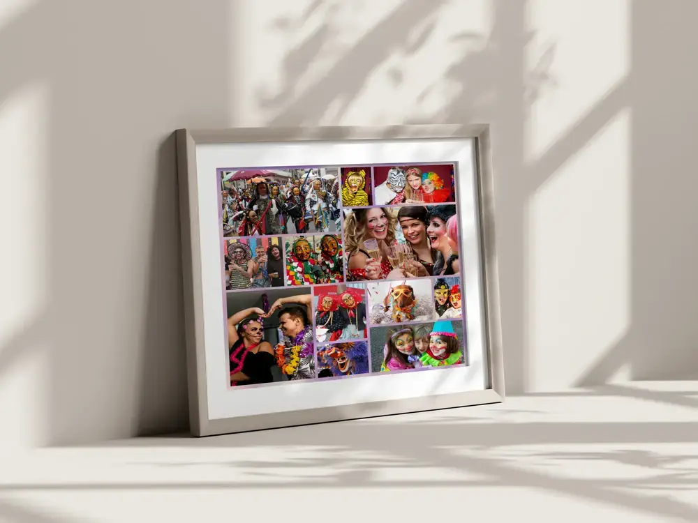 Gerahmte Karneval-Fotocollage am Boden im sonnigen Raum, eine persönliche Geschenkidee für Karnevalsfans