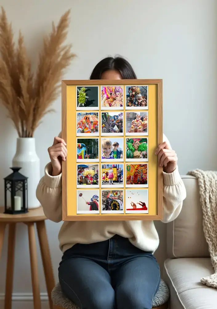 Karneval-Fotocollage auf Gelb im Holzrahmen, im Wohnzimmer präsentiert als Geschenkidee für Karnevalsfans