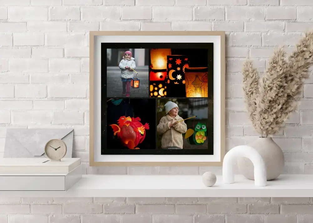 Gerahmte Laternen-Fotocollage über weißem Sideboard, mit vier Motiven als persönliches Geschenk für Großeltern