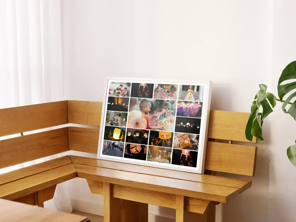 Laternenumzug-Fotocollage mit großem Mittelfoto im weißen Rahmen auf einer Holzbank, als Geschenk für die Familie