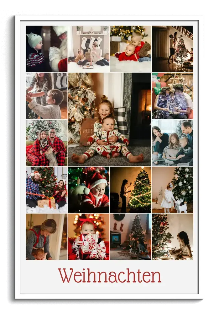 Weihnachts-Fotocollage mit Kinderfotos und rotem Schriftzug im weißen Rahmen als Geschenk für die Familie