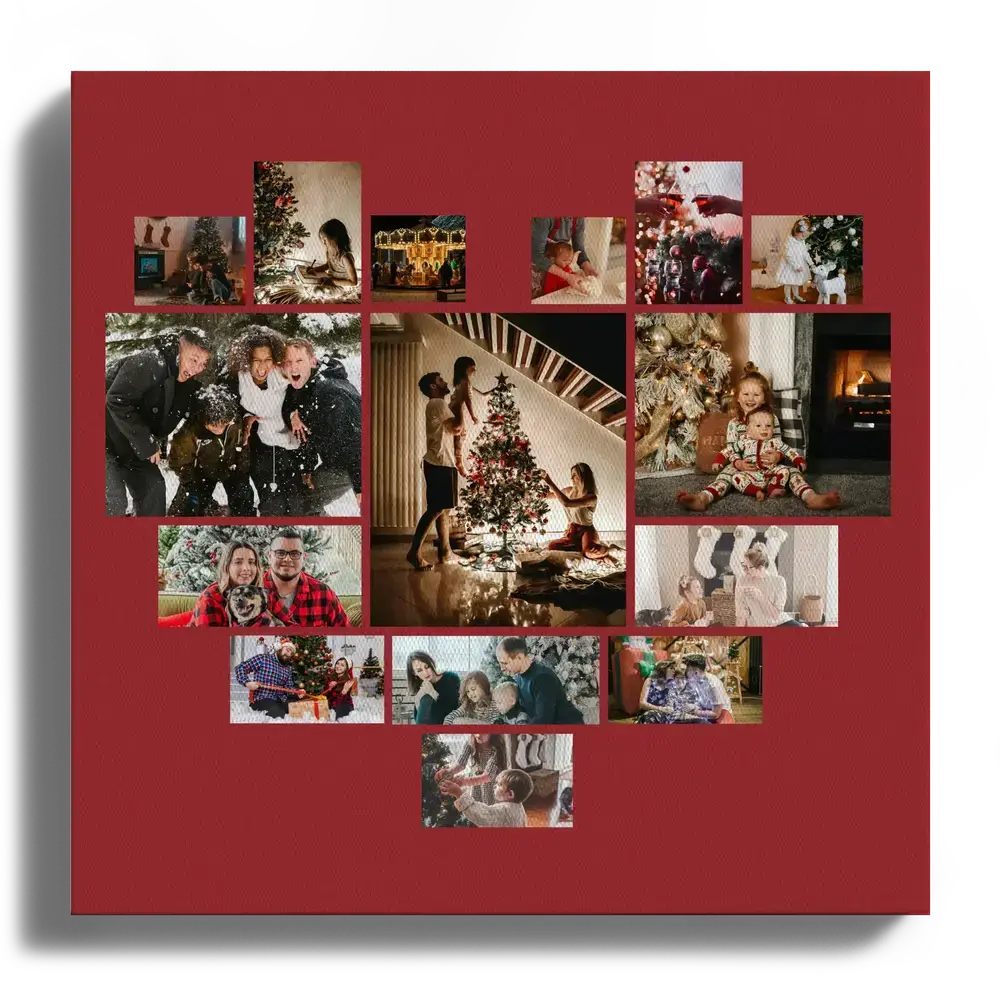 Weihnachtliche Fotocollage auf Leinwand mit Familien- und Kinderfotos in Herzform auf dunkelrotem Grund