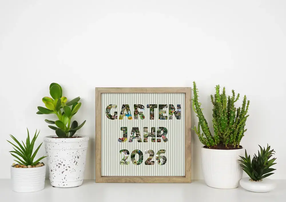 Gartenjahr-Fotocollage aus Buchstaben und Jahreszahl im Naturholzrahmen, auf weißem Tisch zwischen Topfpflanzen