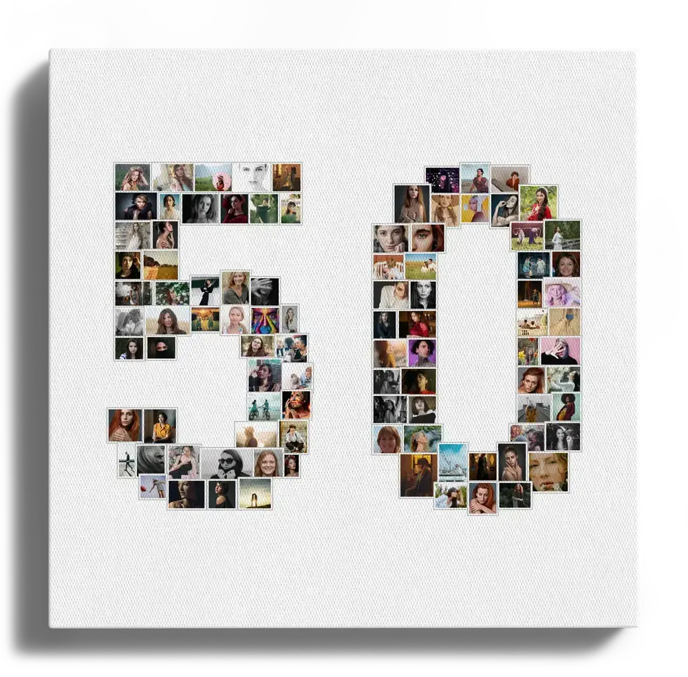 Fotocollage als Zahl 50 auf weißer Leinwand, ein persönliches Geschenk zum Jubiläum