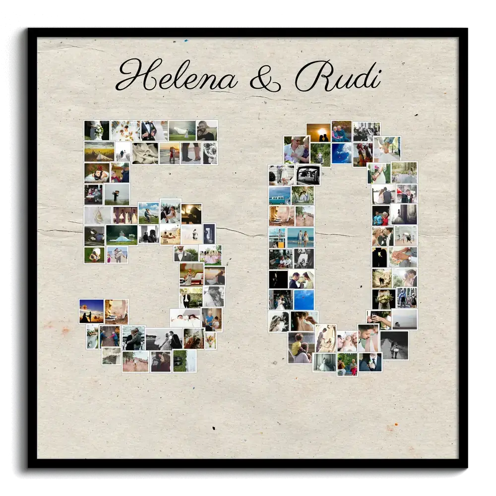 Fotocollage als Zahl 50 mit Namen auf cremefarbenem Grund im schwarzen Rahmen, als Geschenk zur Goldenen Hochzeit