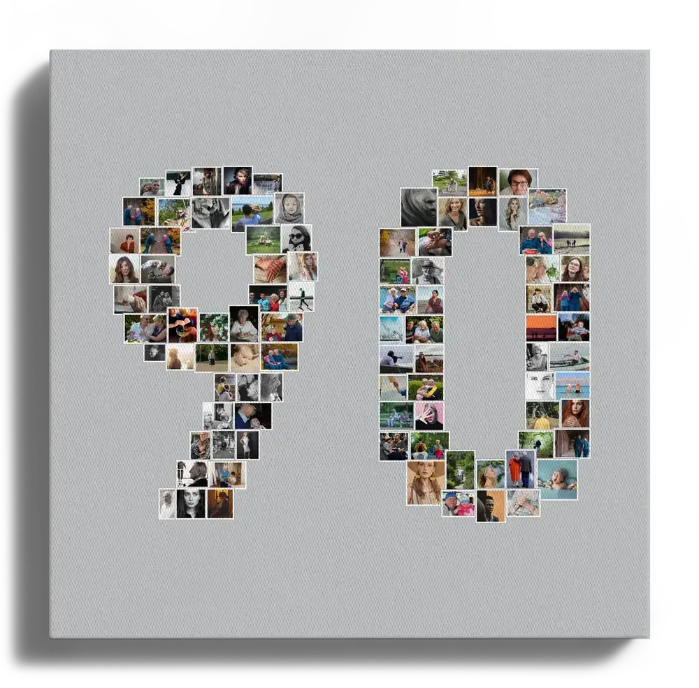 Fotocollage als Zahl 90 auf grauer Leinwand, ein persönliches Geschenk zum 90. Geburtstag