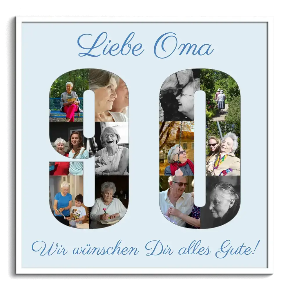 Fotocollage als Zahl 90 auf hellblauem Grund im weißen Rahmen, als Geschenk zu Omas 90. Geburtstag