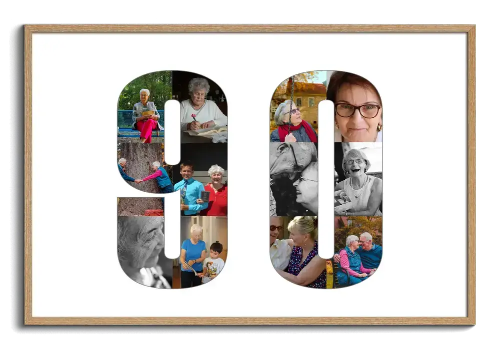 Fotocollage Zahl 90 aus Familienfotos auf weißem Hintergrund im Naturholzrahmen, im Querformat