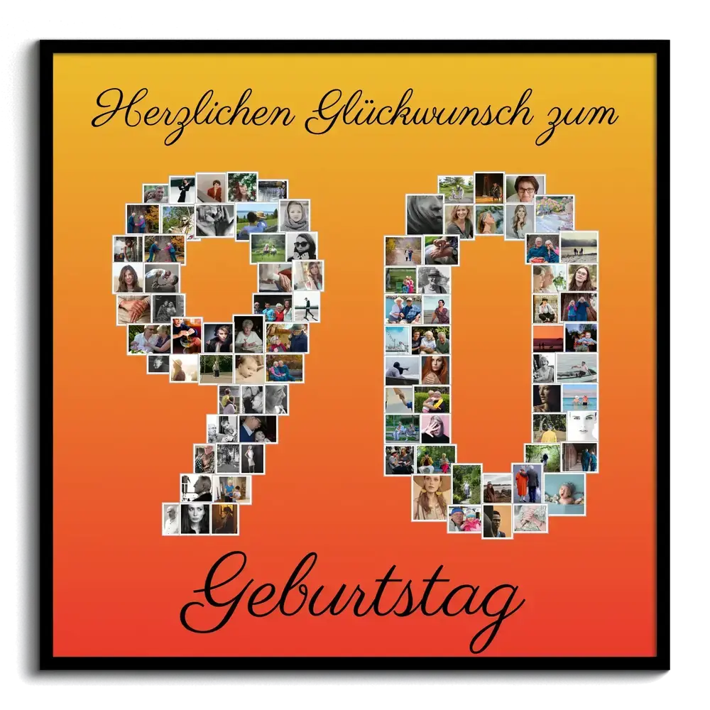 Fotocollage als Zahl 90 auf gelb-rotem Hintergrund im schwarzen Rahmen, als Geschenk zum 90. Geburtstag