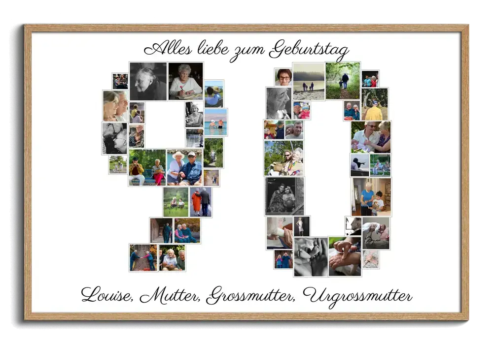 Fotocollage Zahl 90 auf Weiß mit persönlicher Widmung im Naturholzrahmen, eine Geschenkidee für Oma