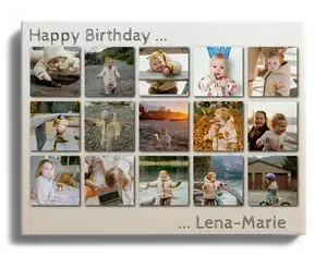 Raster-Collage hinter Acrylglas mit individuellem Gruß zum Geburtstag