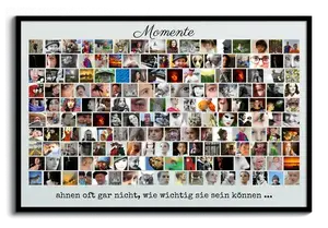 Fotocollage mit vielen Fotos in Reihen angeordnet. Individuelle Gestaltung, Schrift, Sprüche, Hintergründe und Design