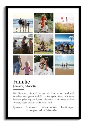 "Familie" Definition - Geschenk als Poster, Leinwand erstellen. Eigene Fotos und Text.