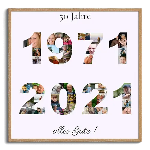 Geburtsjahr und Geburtstag als Fotocollage mit Zahlen und Text