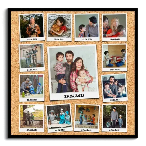 Kreative Collage mit beschrifteten Polaroid Fotos auf Pinnwand