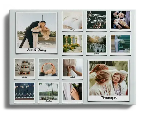 Fotocollage als kreative Idee zur Hochzeit mit beschrifteten Polaroid Bildern