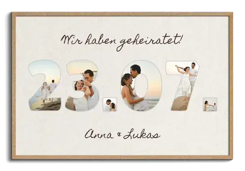 Datum des Hochzeitstags als Fotocollage mit Namen des Brautpaars