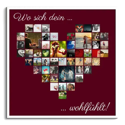 Über 50 Fotos als Herz-Collage angeordnet. Individuelle Botschaften und Designs. Druck als Poster, Leinwand, Acryl oder Dibond.