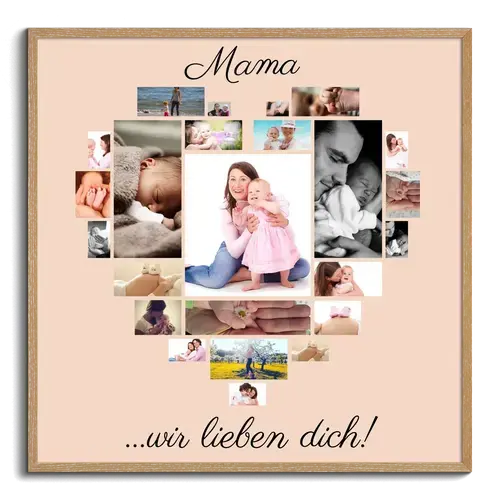 Personalisiertes Geschenk Mutter Fotos als Herz angeordnet mit Botschaft MAMA WIR LIEBEN DICH