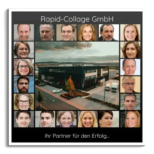 Quadratische Collage „Unser Unternehmen“ mit großem Foto in der Mitte