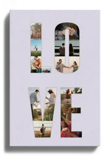 Fotocollage mit Schriftzug LOVE als vier Buchstaben für Familienbilder