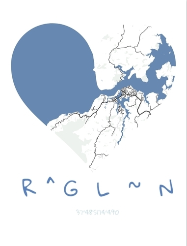 Stadtkarte als Poster im Hochformat mit herzförmigem Motiv in Blau-Weiß und individuellen Koordinaten