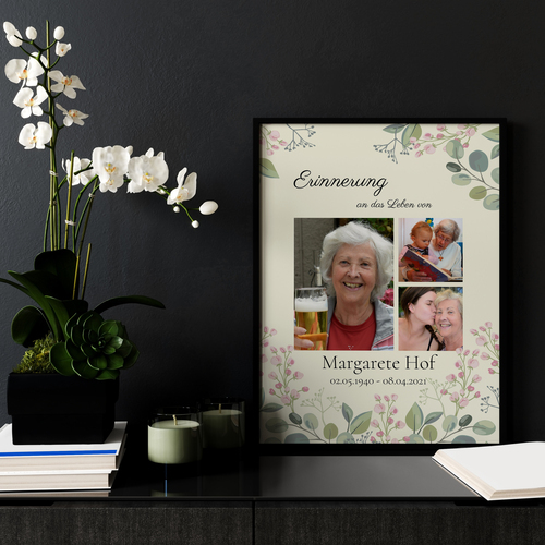 Trauercollage mit Blumen (3 Fotos) – Premiumdruck auf Leinwand 60x80cm