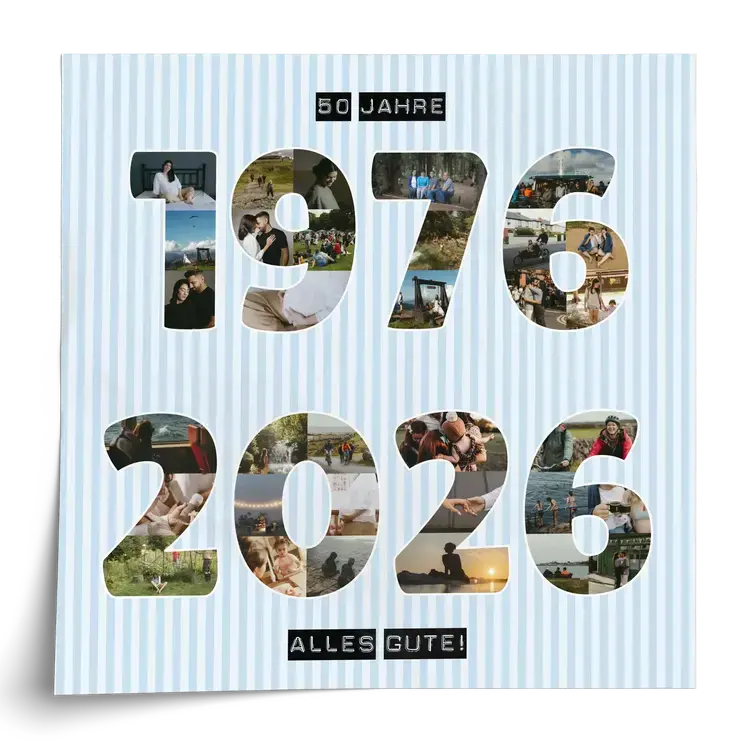 Geburtsjahr und Geburtstag als Fotocollage mit Zahlen und Text