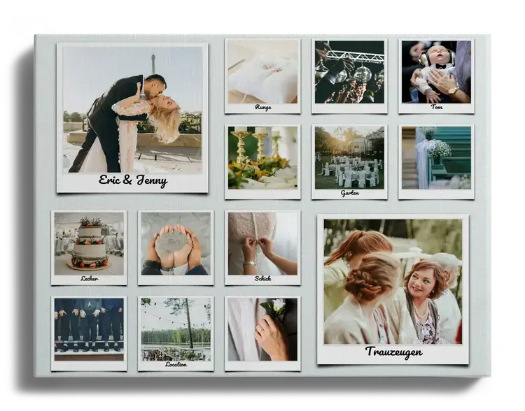 Fotocollage als kreative Idee zur Hochzeit mit beschrifteten Polaroid Bildern